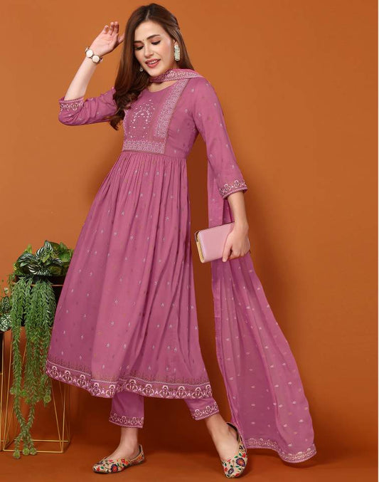 Dusty Pink Silk Pigment Print Round Neck 3/4 Sleeve Anarkali Kurta Set With Pant & Dupatta
