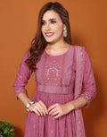 Poly Chinnon Foil Print A-Line 3 Piece Kurta Set