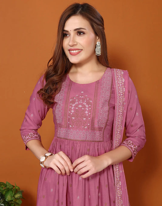 Poly Chinnon Foil Print Anarkali 3 Piece Kurta Set