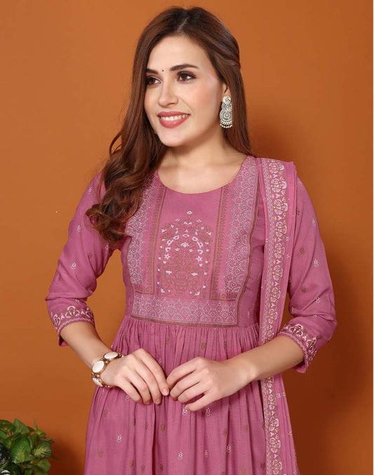 Dusty Pink Silk Pigment Print Round Neck 3/4 Sleeve Anarkali Kurta Set With Pant & Dupatta
