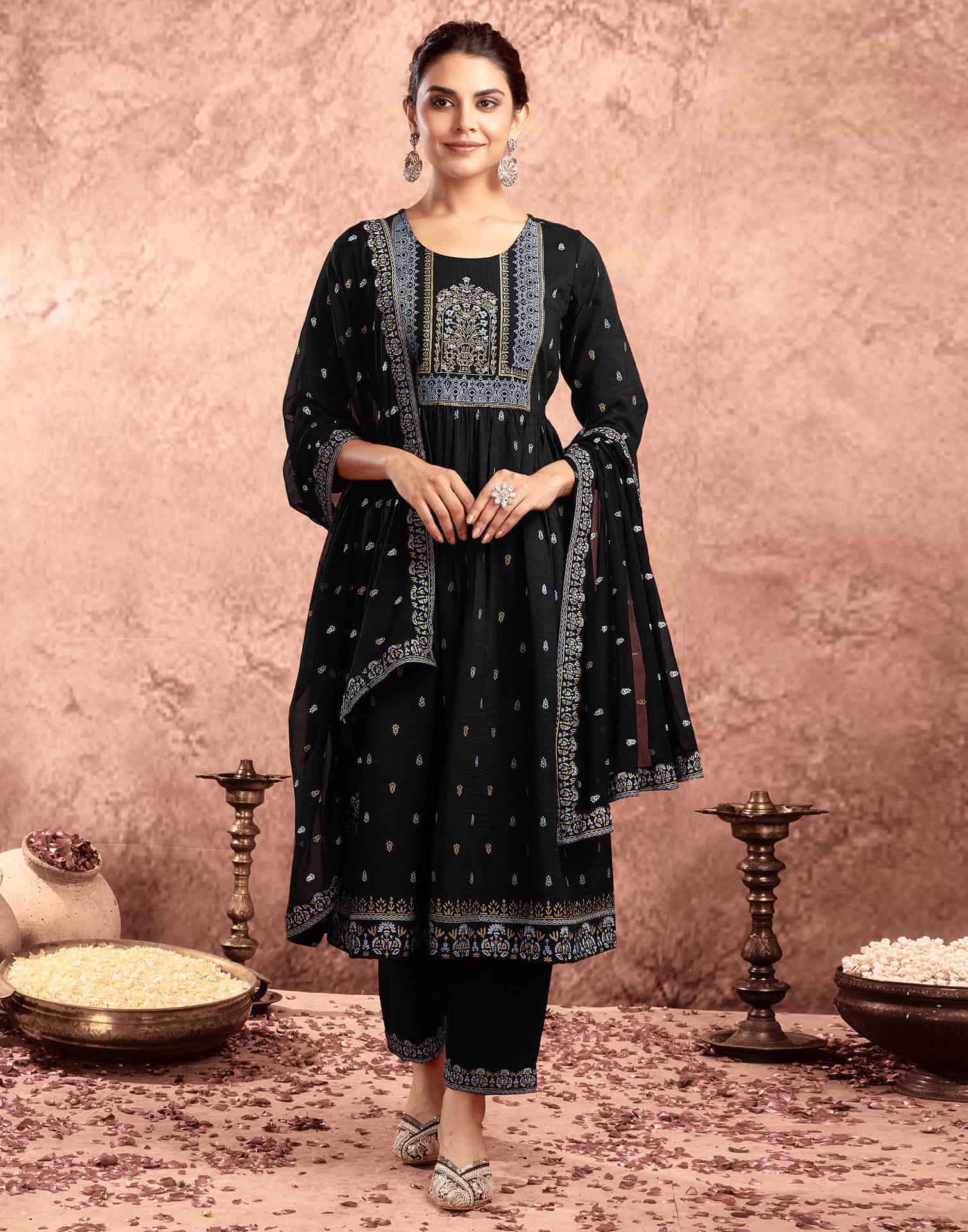 Black Cotton Printed Anarkali Kurta Set with Pant & Dupatta Festive Kurti Set Under 1299