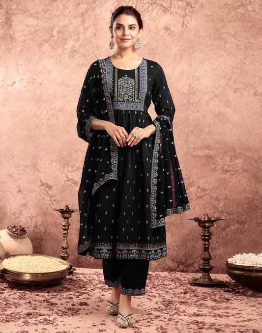 Black Cotton Printed Anarkali Kurta Set with Pant & Dupatta Festive Kurti Set Under 1299