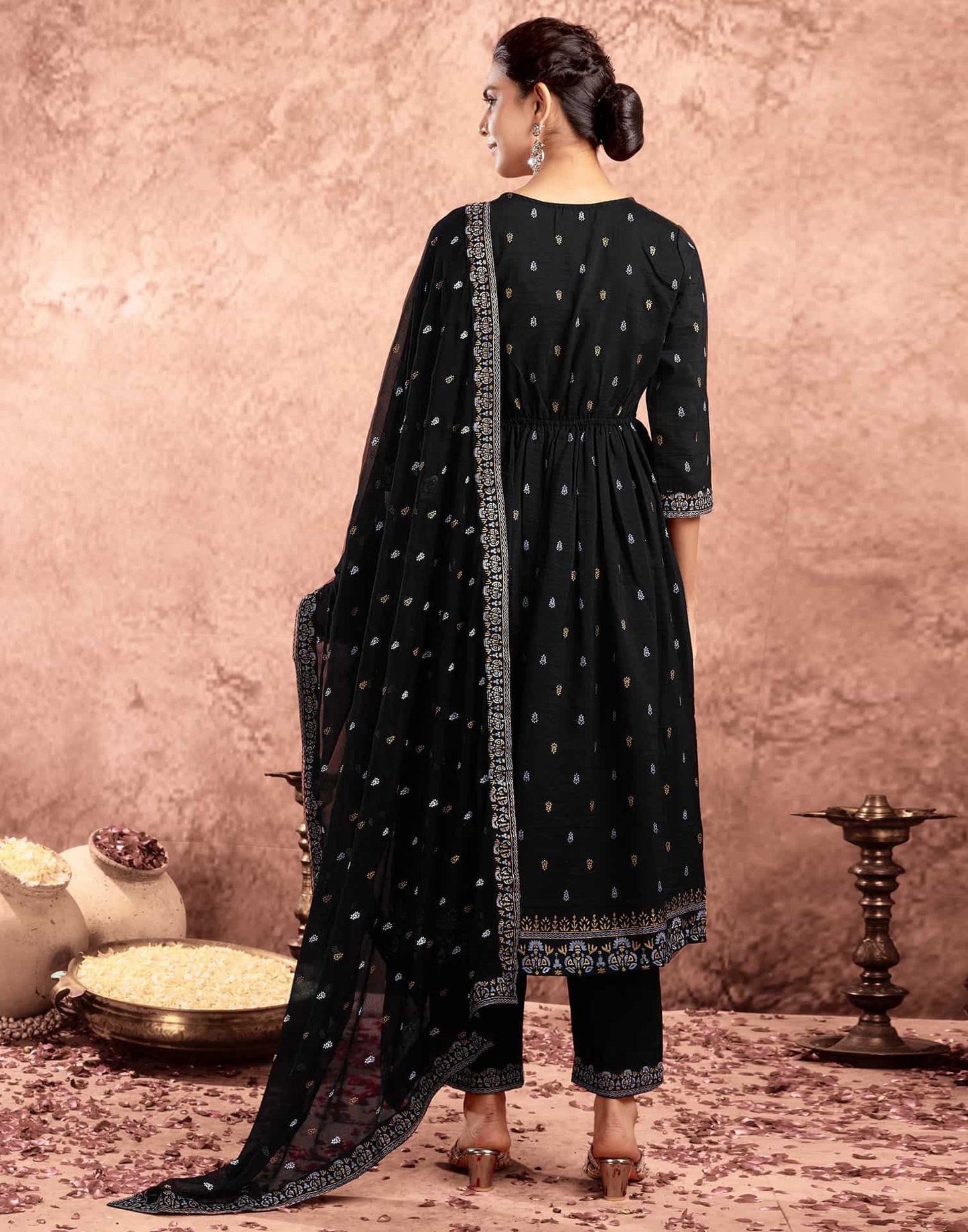 Black Cotton Printed Anarkali Kurta Set with Pant & Dupatta Festive Kurti Set Under 1299