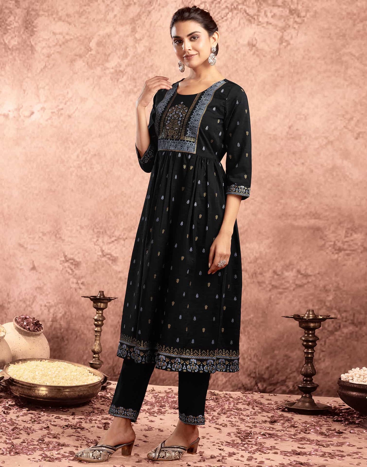 Black Cotton Printed Anarkali Kurta Set with Pant & Dupatta Festive Kurti Set Under 1299