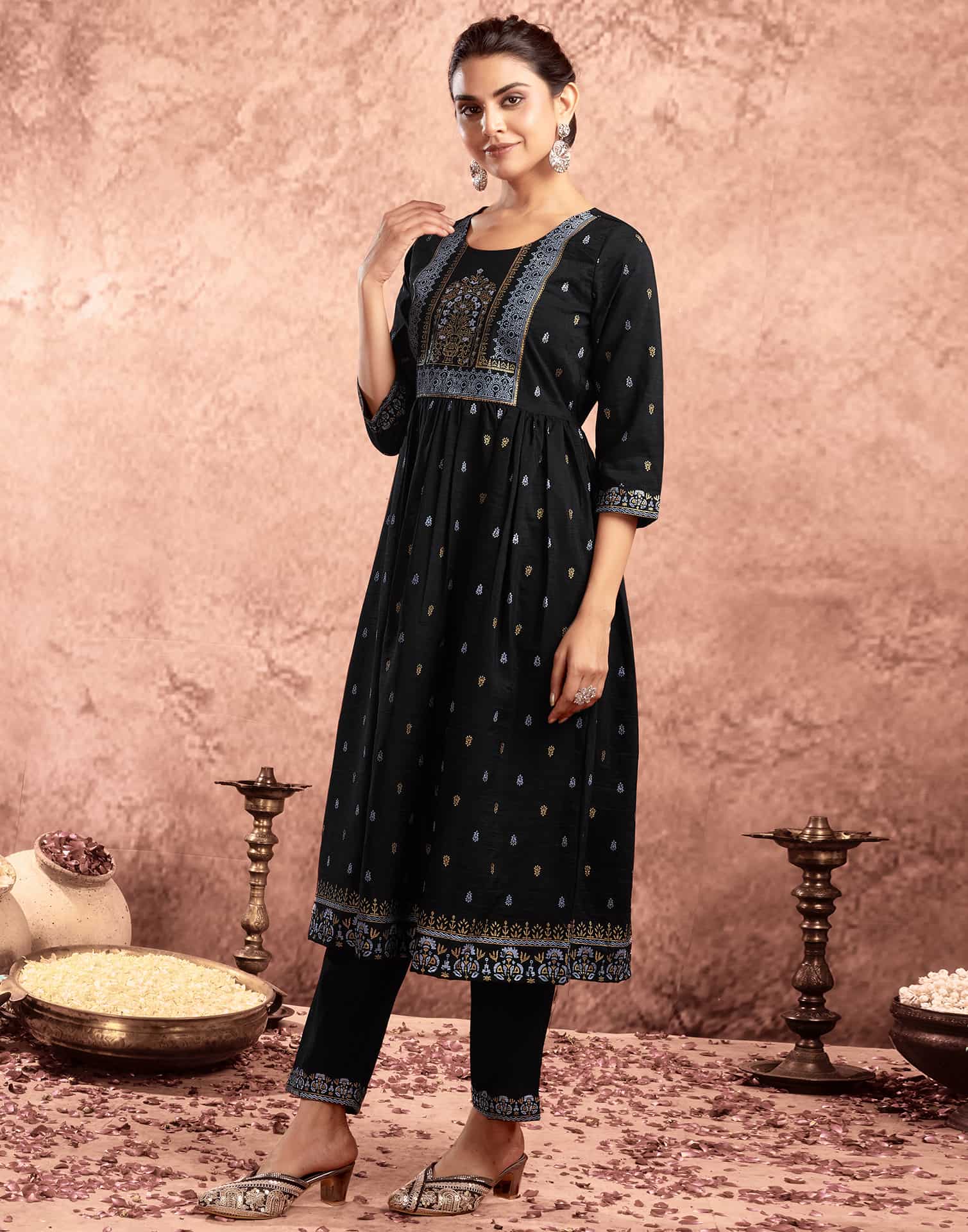 Black Cotton Printed Anarkali Kurta Set with Pant & Dupatta Festive Kurti Set Under 1299