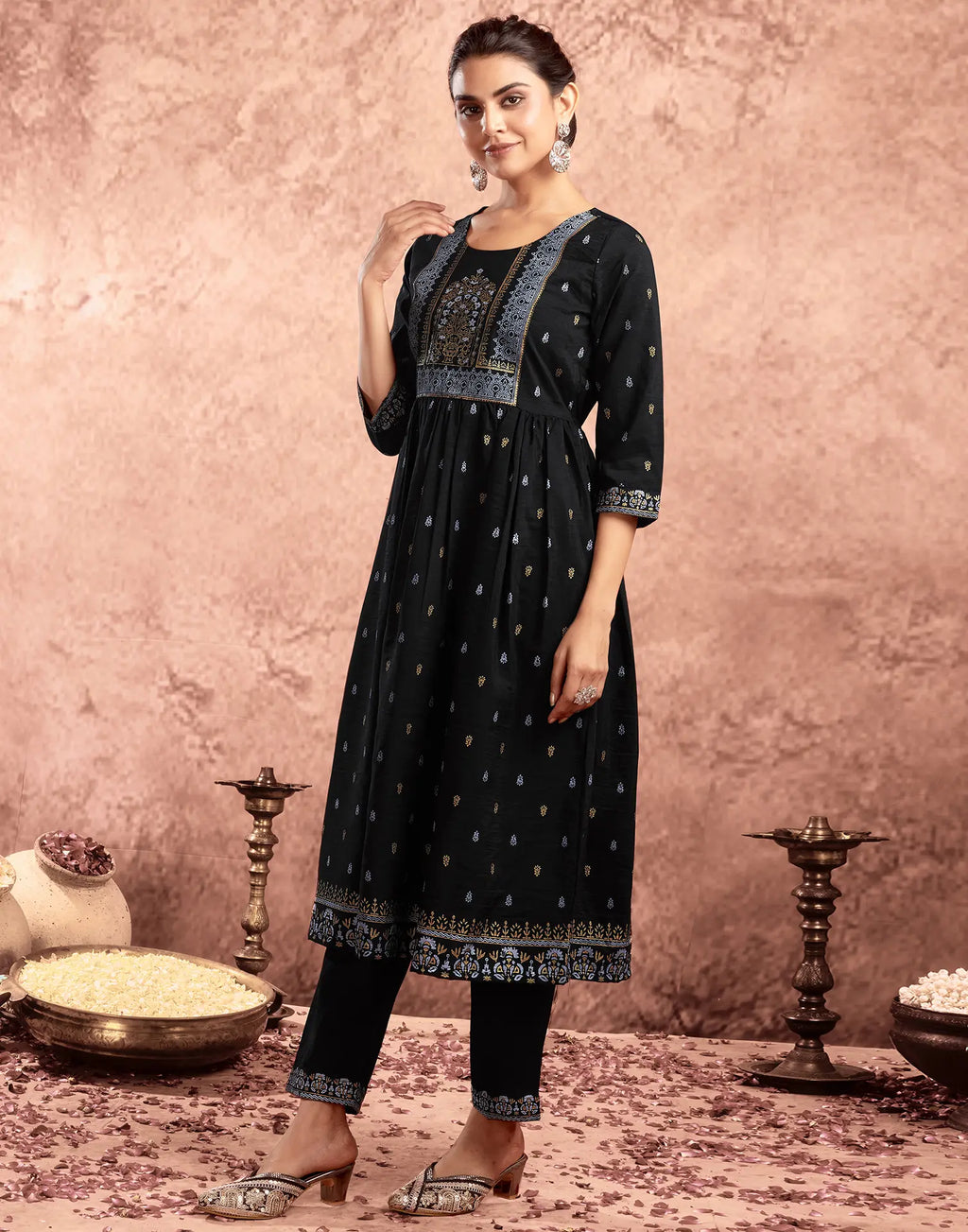 Poly Chinnon Foil Print A-Line 3 Piece Kurta Set