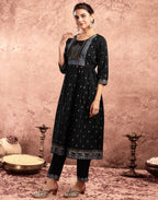 Poly Chinnon Foil Print A-Line 3 Piece Kurta Set