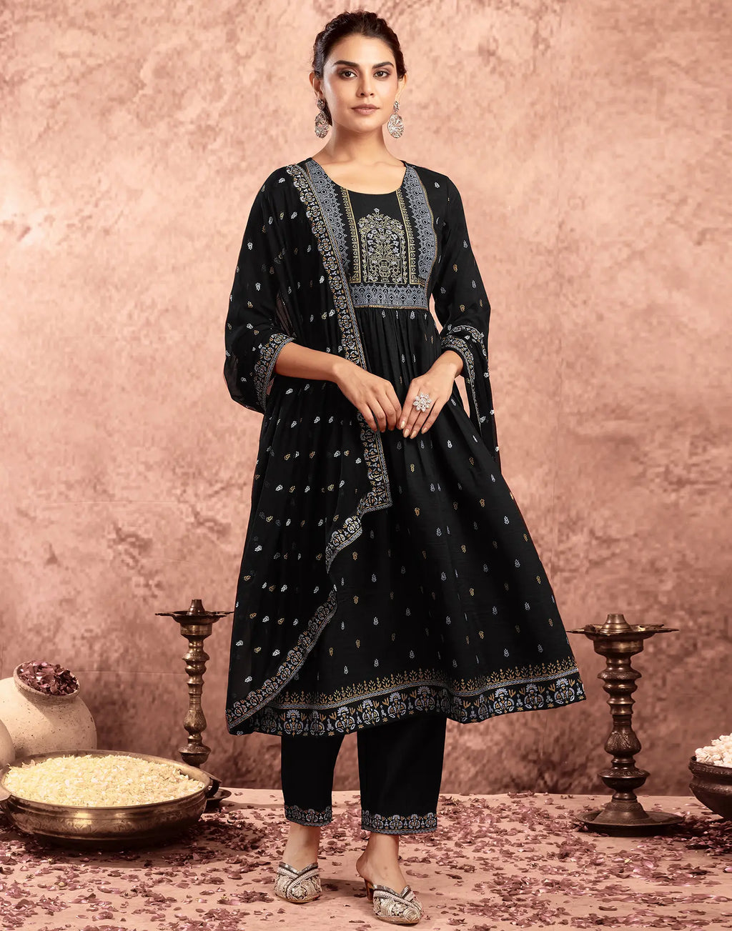 Poly Chinnon Foil Print A-Line 3 Piece Kurta Set