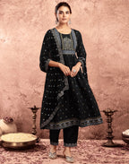 Poly Chinnon Foil Print A-Line 3 Piece Kurta Set
