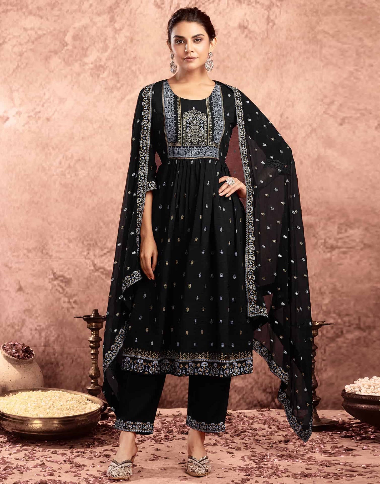 Black Cotton Printed Anarkali Kurta Set with Pant & Dupatta Festive Kurti Set Under 1299