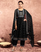 Poly Chinnon Foil Print A-Line 3 Piece Kurta Set