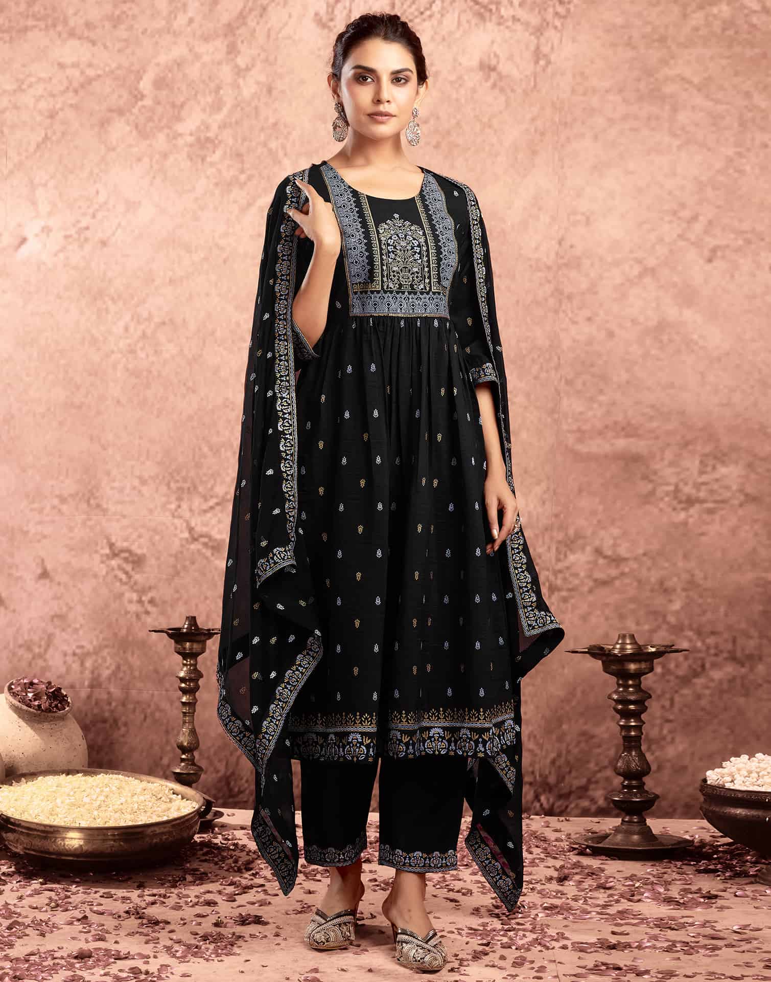 Black Cotton Printed Anarkali Kurta Set with Pant & Dupatta Festive Kurti Set Under 1299
