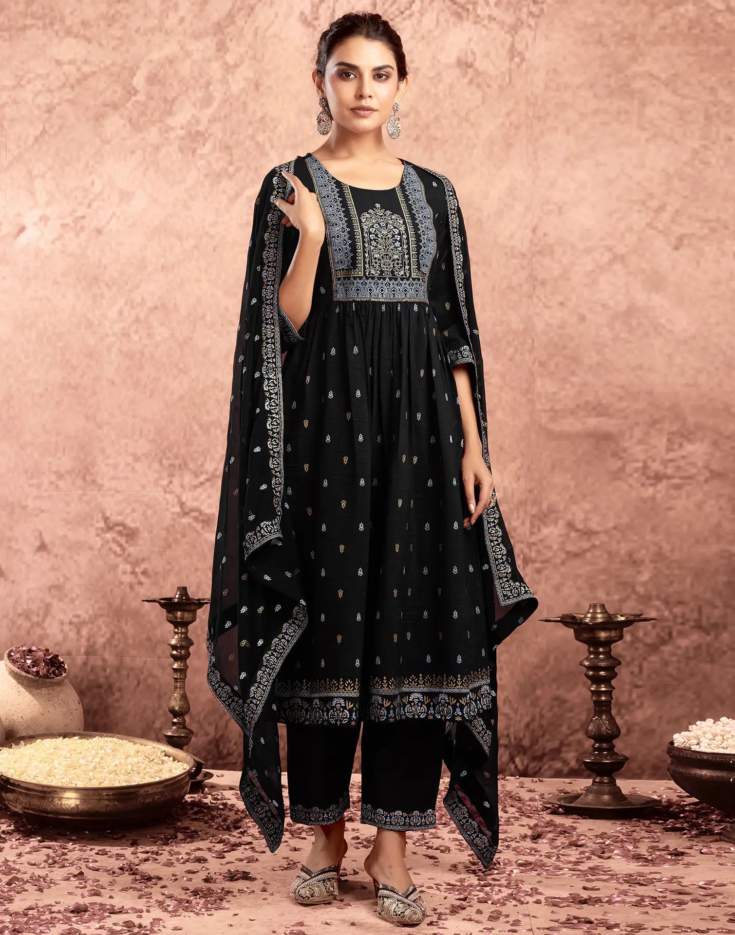 Poly Chinnon Foil Print A-Line 3 Piece Kurta Set