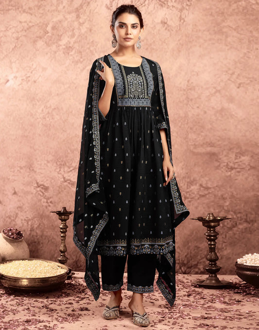 Poly Chinnon Foil Print Anarkali 3 Piece Kurta Set