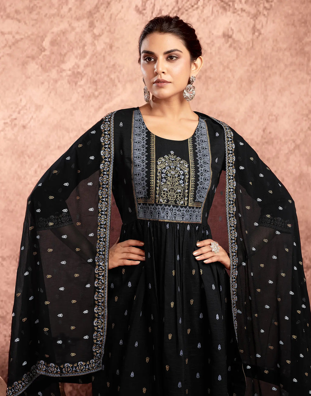 Poly Chinnon Foil Print A-Line 3 Piece Kurta Set