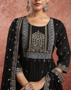 Poly Chinnon Foil Print A-Line 3 Piece Kurta Set