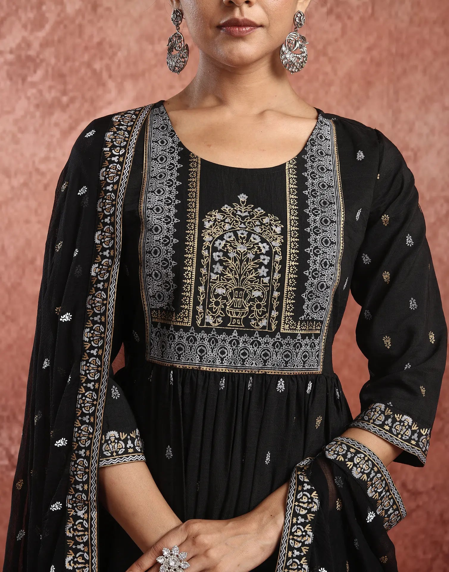 Poly Chinnon Foil Print A-Line 3 Piece Kurta Set