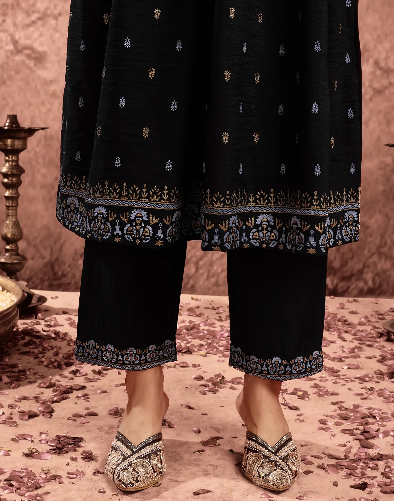 Poly Chinnon Foil Print A-Line 3 Piece Kurta Set