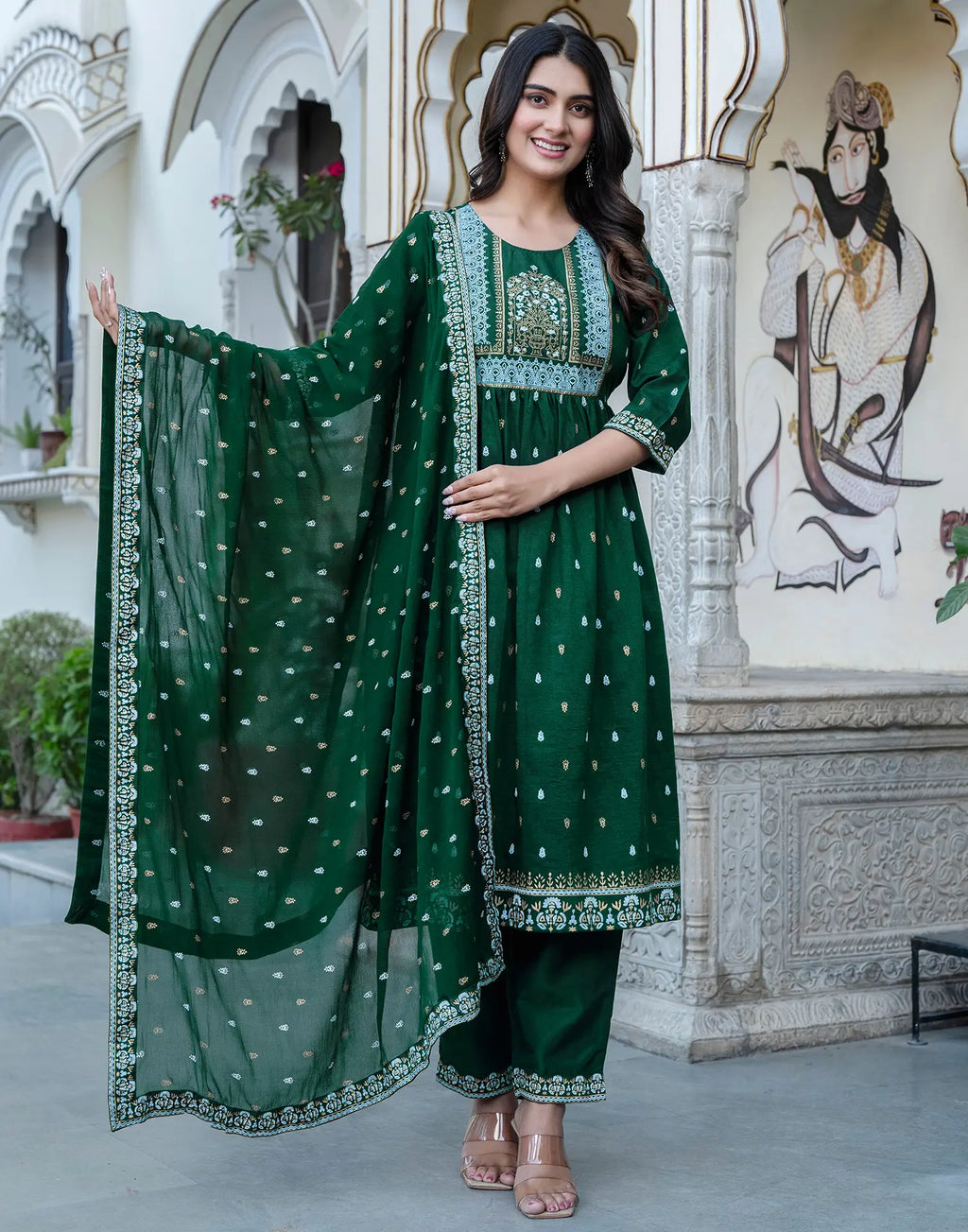 Poly Chinnon Foil Print A-Line 3 Piece Kurta Set