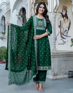 Poly Chinnon Foil Print A-Line 3 Piece Kurta Set