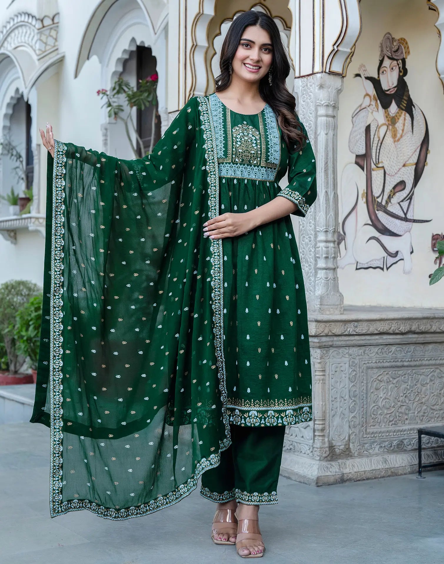 Poly Chinnon Foil Print A-Line 3 Piece Kurta Set