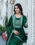 Poly Chinnon Foil Print A-Line 3 Piece Kurta Set