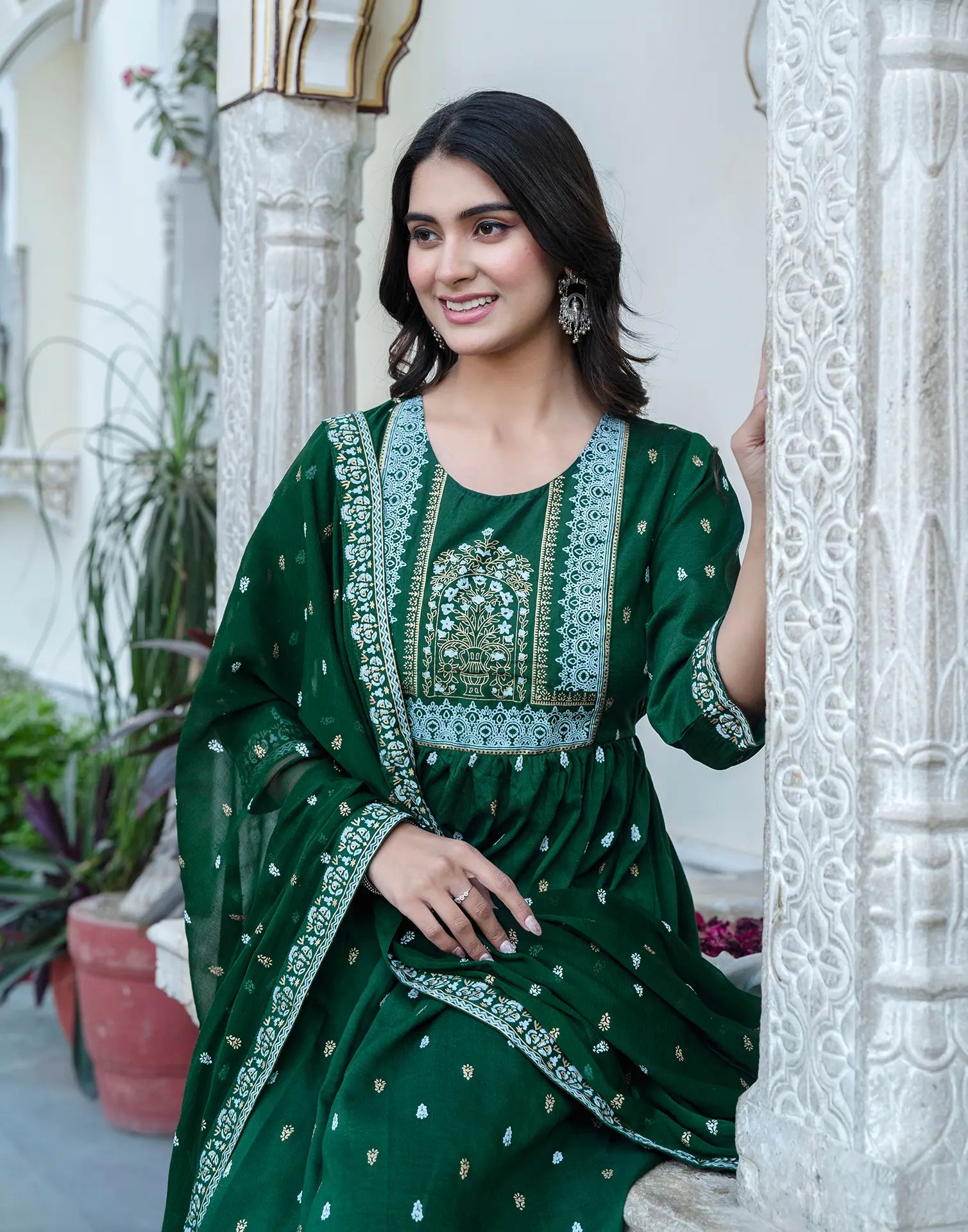 Poly Chinnon Foil Print A-Line 3 Piece Kurta Set