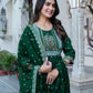 Dark Green Cotton Printed Anarkali Kurta Set with Pant & Dupatta Festive Wear