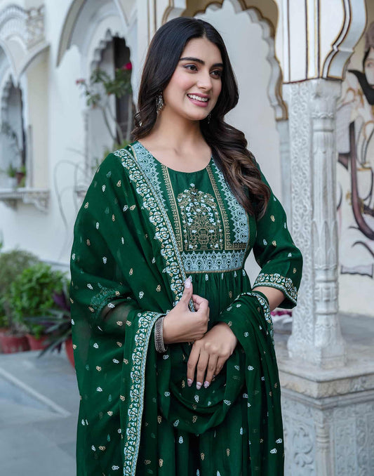 Dark Green Cotton Printed Anarkali Kurta Set with Pant & Dupatta Festive Wear