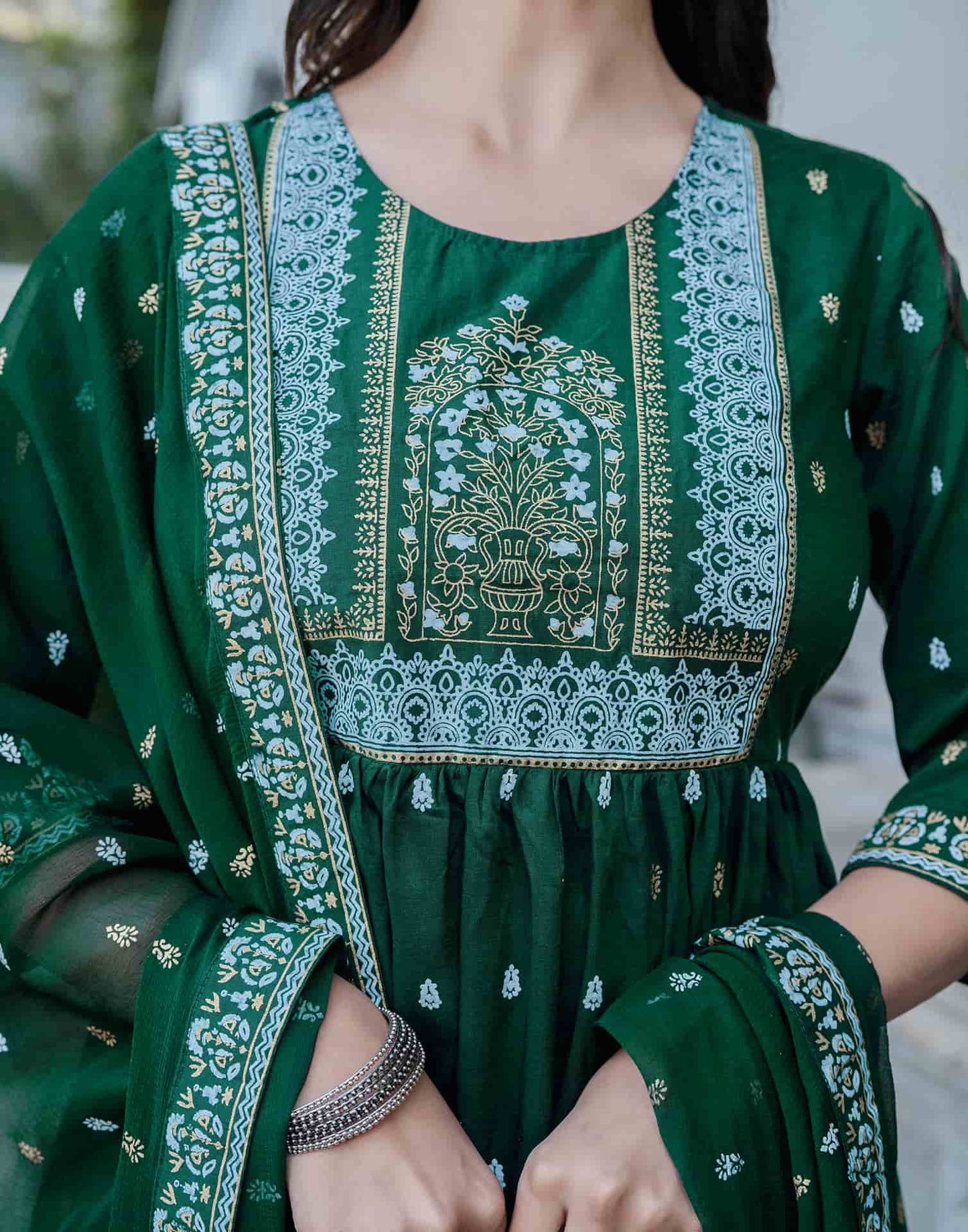 Dark Green Cotton Printed Anarkali Kurta Set with Pant & Dupatta Festive Wear