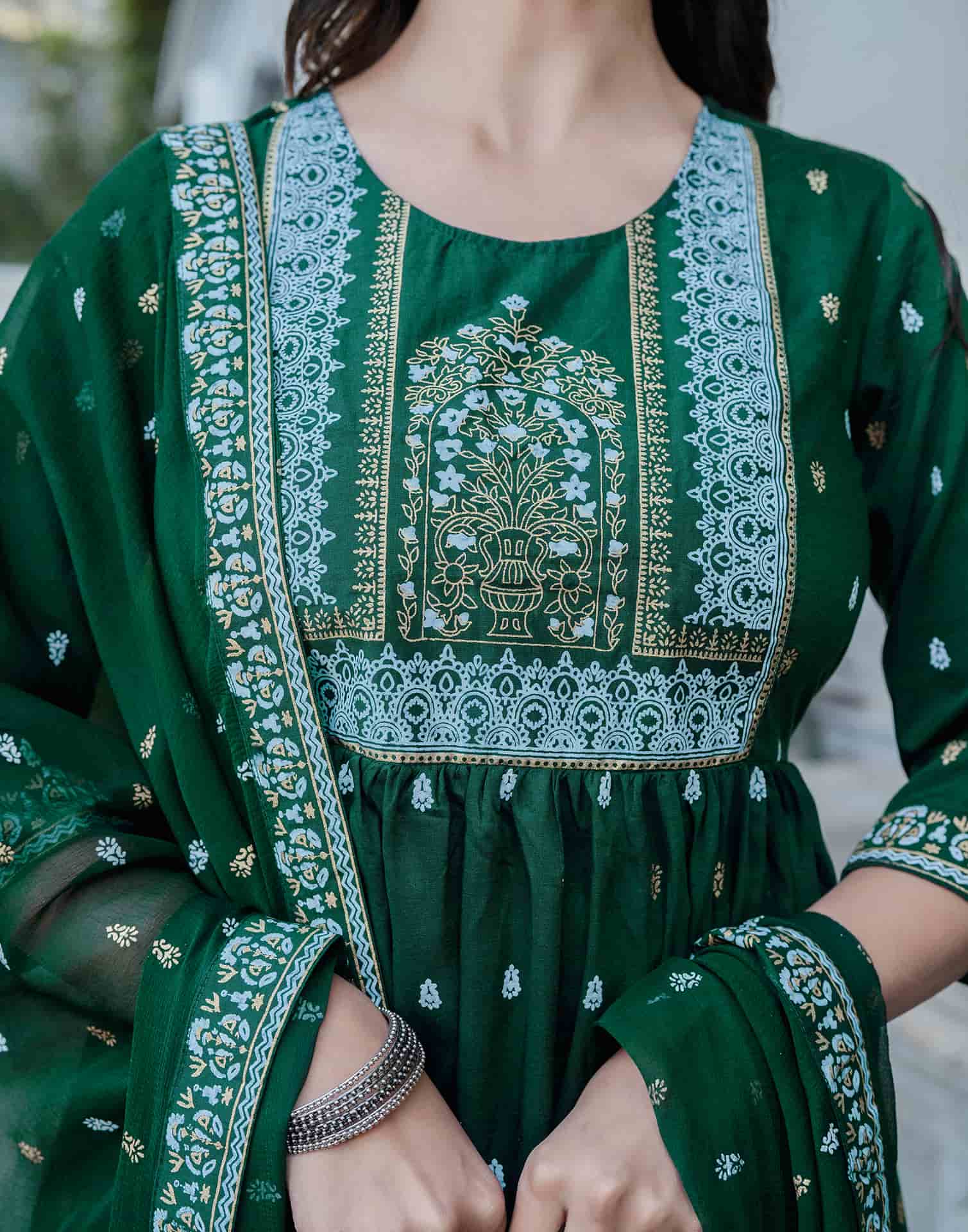 Dark Green Cotton Printed Anarkali Kurta Set with Pant & Dupatta Festive Wear