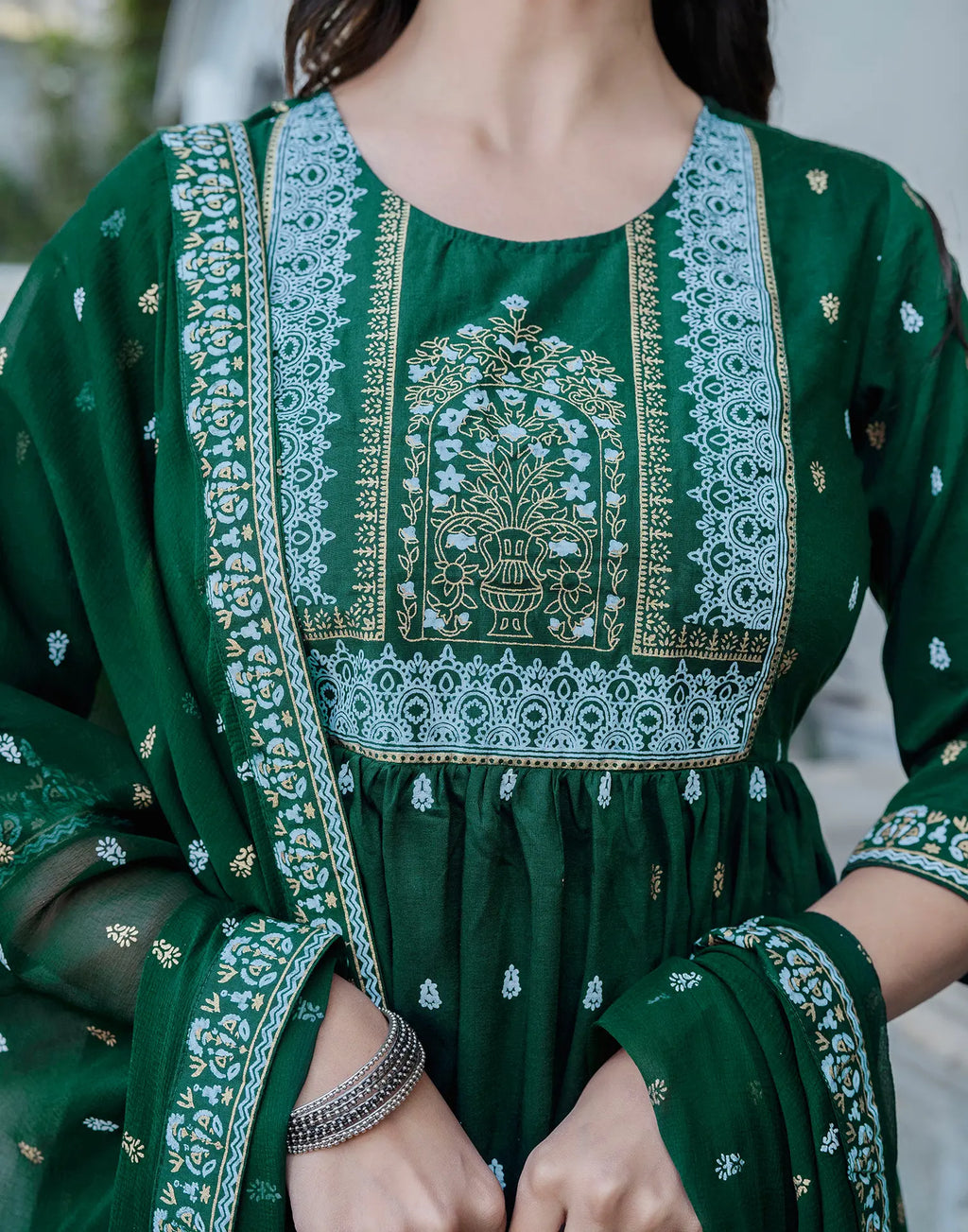 Poly Chinnon Foil Print A-Line 3 Piece Kurta Set