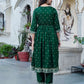 Dark Green Cotton Printed Anarkali Kurta Set with Pant & Dupatta Festive Wear