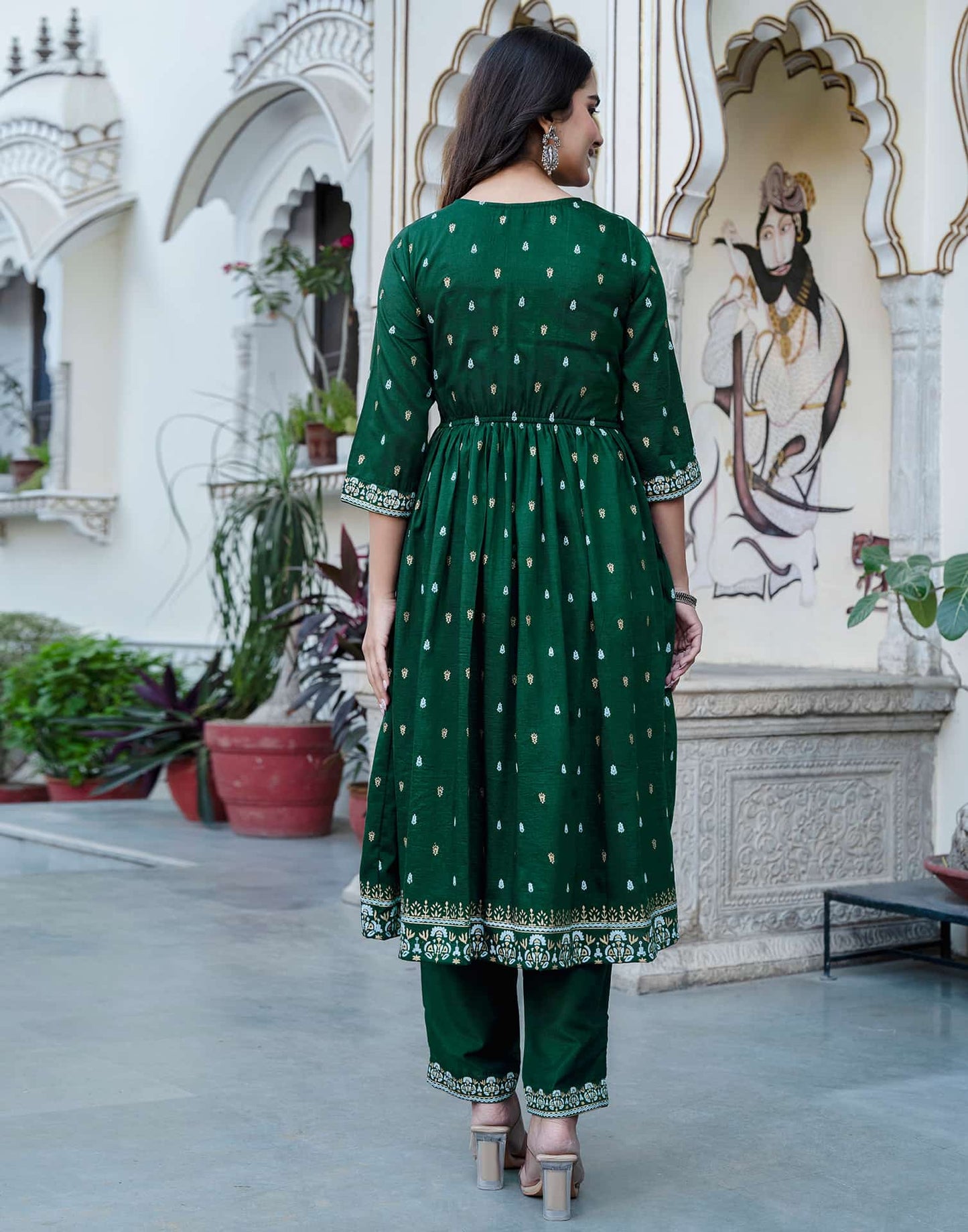 Dark Green Cotton Printed Anarkali Kurta Set with Pant & Dupatta Festive Wear