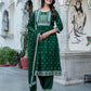 Dark Green Cotton Printed Anarkali Kurta Set with Pant & Dupatta Festive Wear