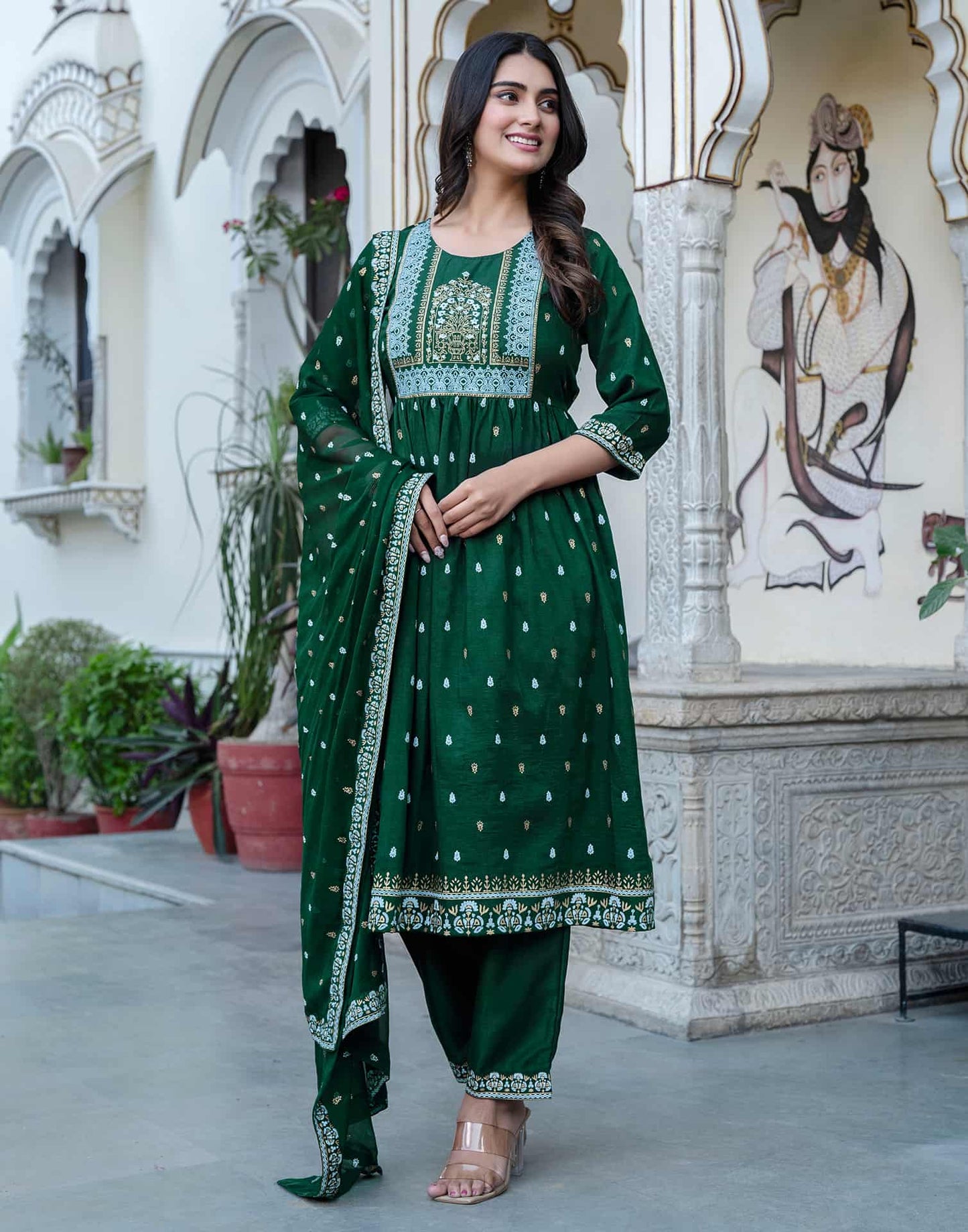 Dark Green Cotton Printed Anarkali Kurta Set with Pant & Dupatta Festive Wear