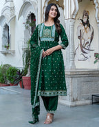 Poly Chinnon Foil Print A-Line 3 Piece Kurta Set