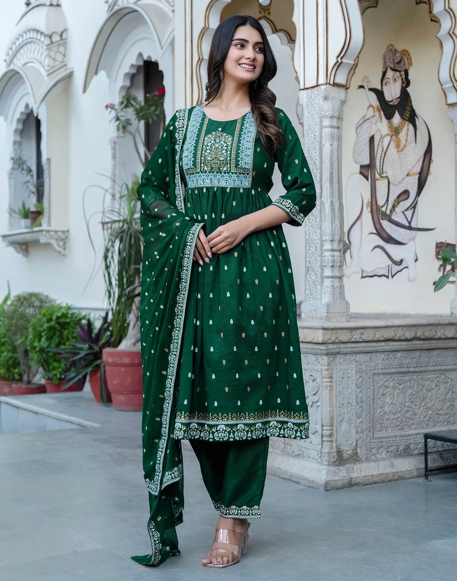 Poly Chinnon Foil Print A-Line 3 Piece Kurta Set