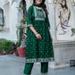 Dark Green Cotton Printed Anarkali Kurta Set with Pant & Dupatta Festive Wear
