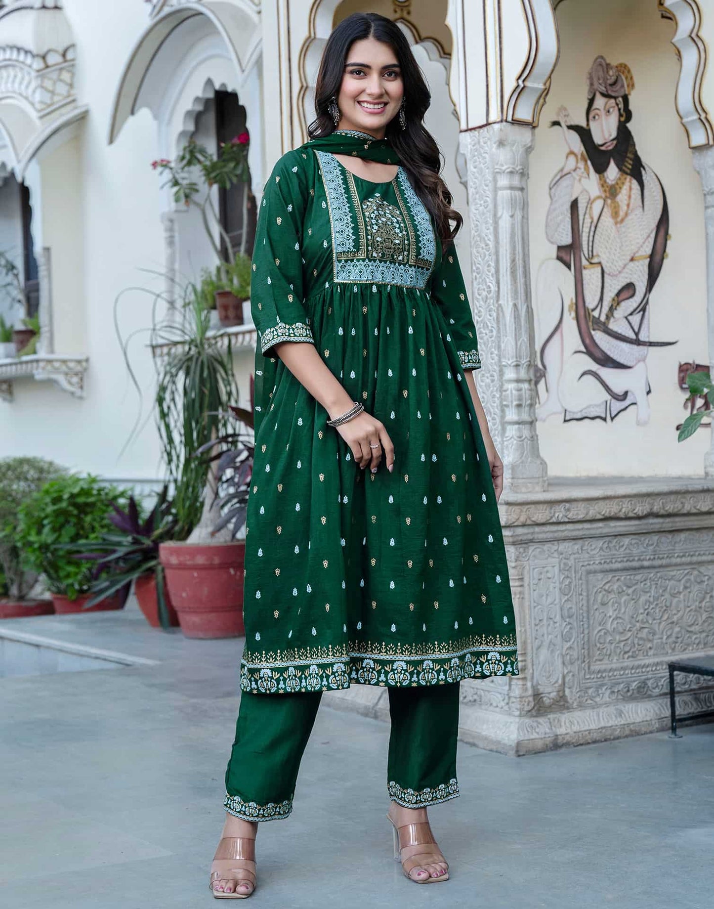 Dark Green Cotton Printed Anarkali Kurta Set with Pant & Dupatta Festive Wear