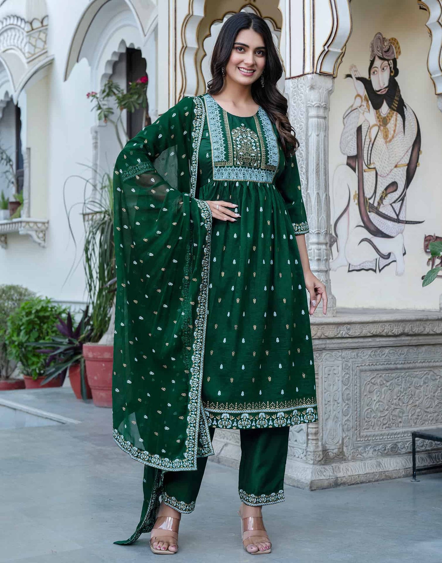 Dark Green Cotton Printed Anarkali Kurta Set with Pant & Dupatta Festive Wear