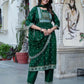 Dark Green Cotton Printed Anarkali Kurta Set with Pant & Dupatta Festive Wear