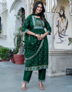 Poly Chinnon Foil Print A-Line 3 Piece Kurta Set