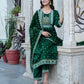 Dark Green Cotton Printed Anarkali Kurta Set with Pant & Dupatta Festive Wear