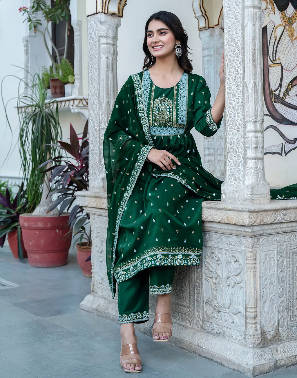 Poly Chinnon Foil Print A-Line 3 Piece Kurta Set