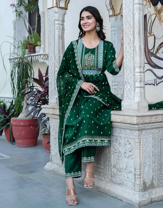 Dark Green Cotton Printed Anarkali Kurta Set with Pant & Dupatta Festive Wear