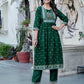 Dark Green Cotton Printed Anarkali Kurta Set with Pant & Dupatta Festive Wear