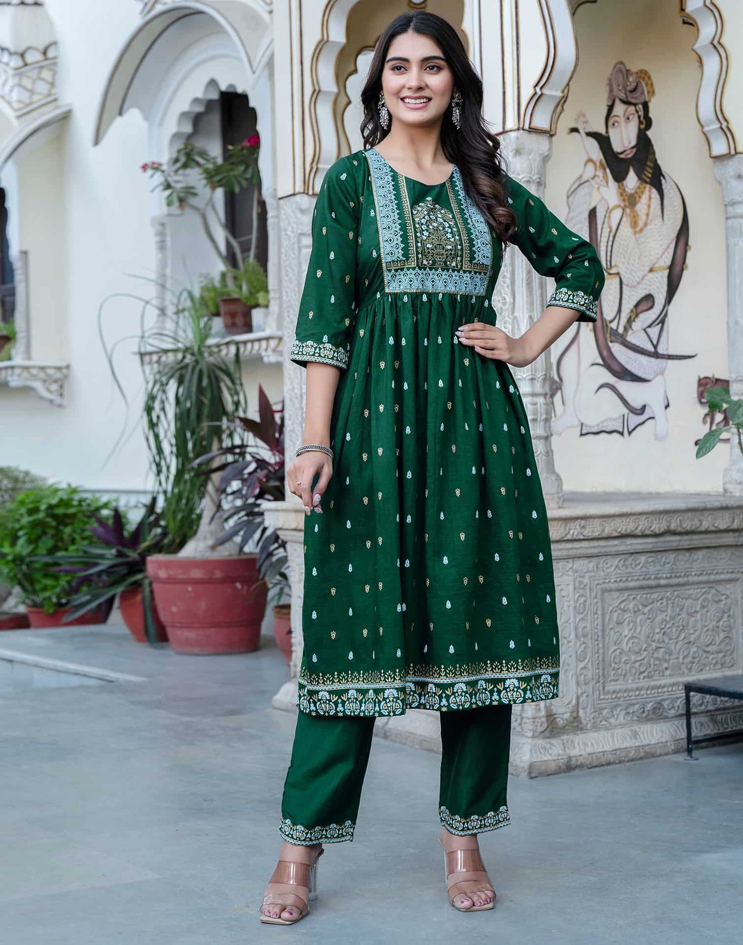 Dark Green Cotton Printed Anarkali Kurta Set with Pant & Dupatta Festive Wear