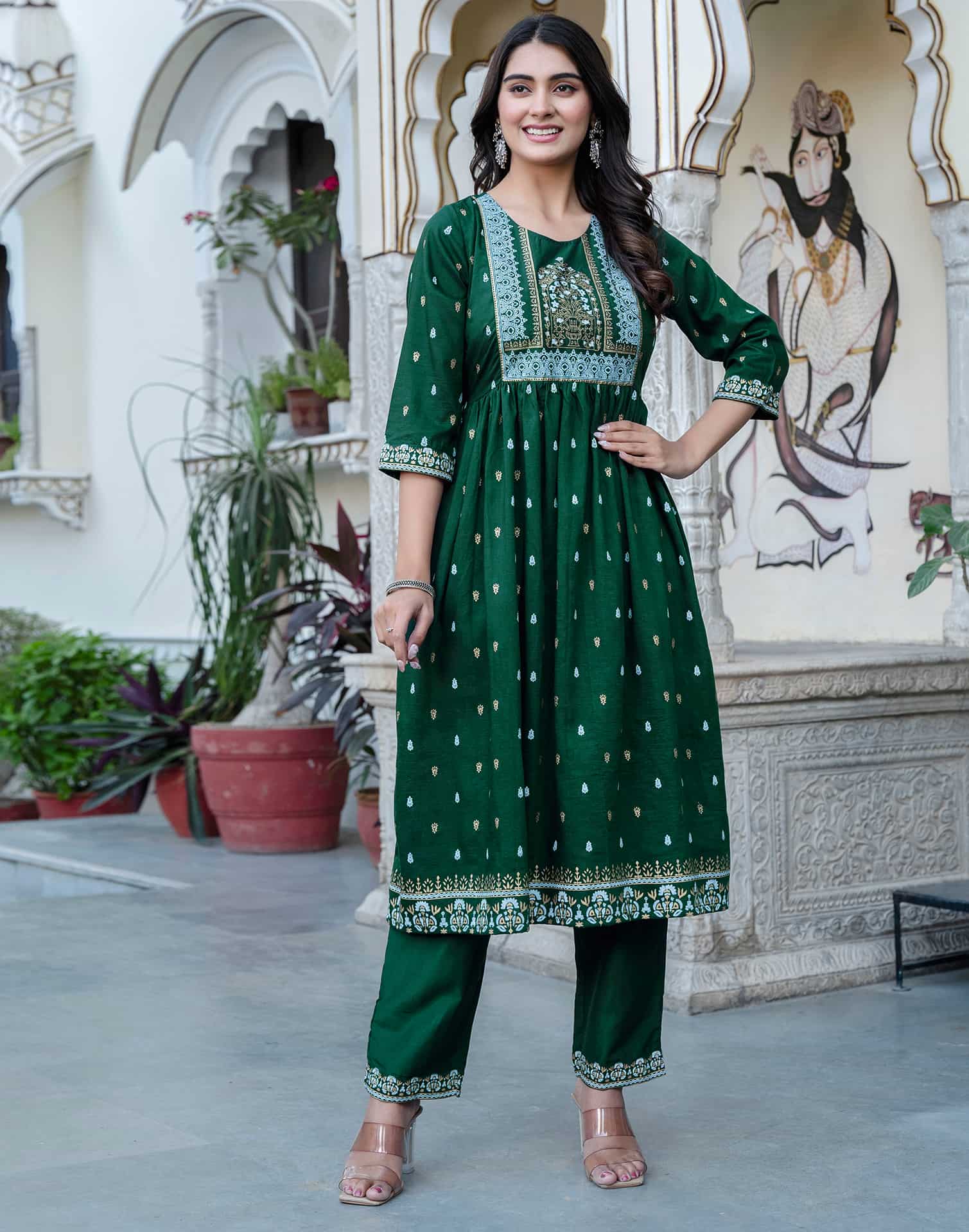 Dark Green Cotton Printed Anarkali Kurta Set with Pant & Dupatta Festive Wear