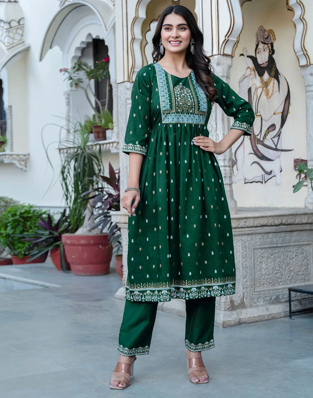 Poly Chinnon Foil Print A-Line 3 Piece Kurta Set